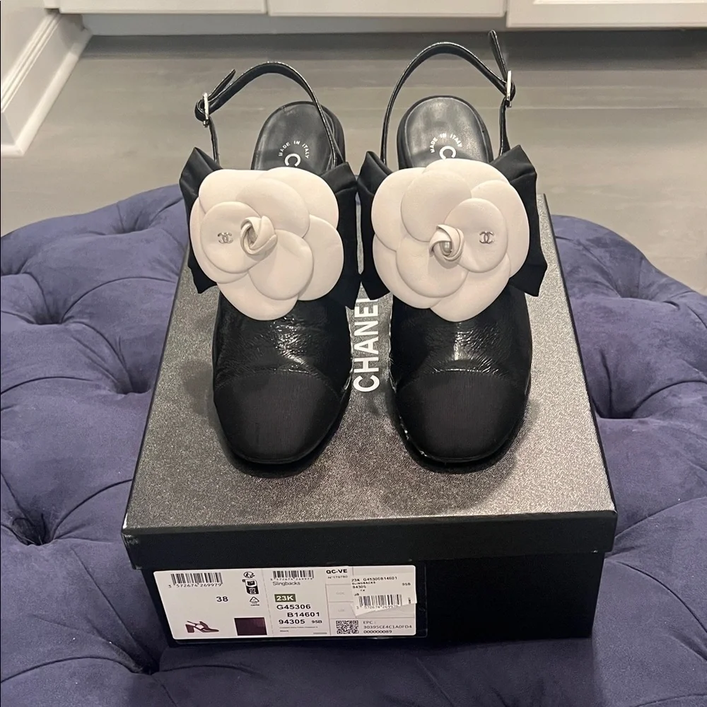 CHANEL Black and White Camellia Heels